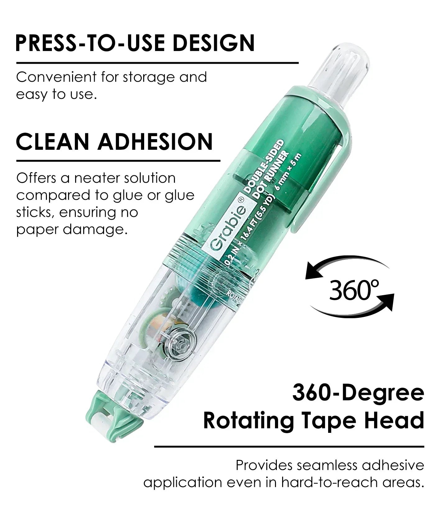 Double-Sided Adhesive Dot Runner in green with clear casing and 360-degree rotating tape head for clean adhesion