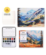 Landscape-Themed Watercolor Coloring Club Box with watercolor paints, brush, and landscape coloring book featuring mountain cabin scene