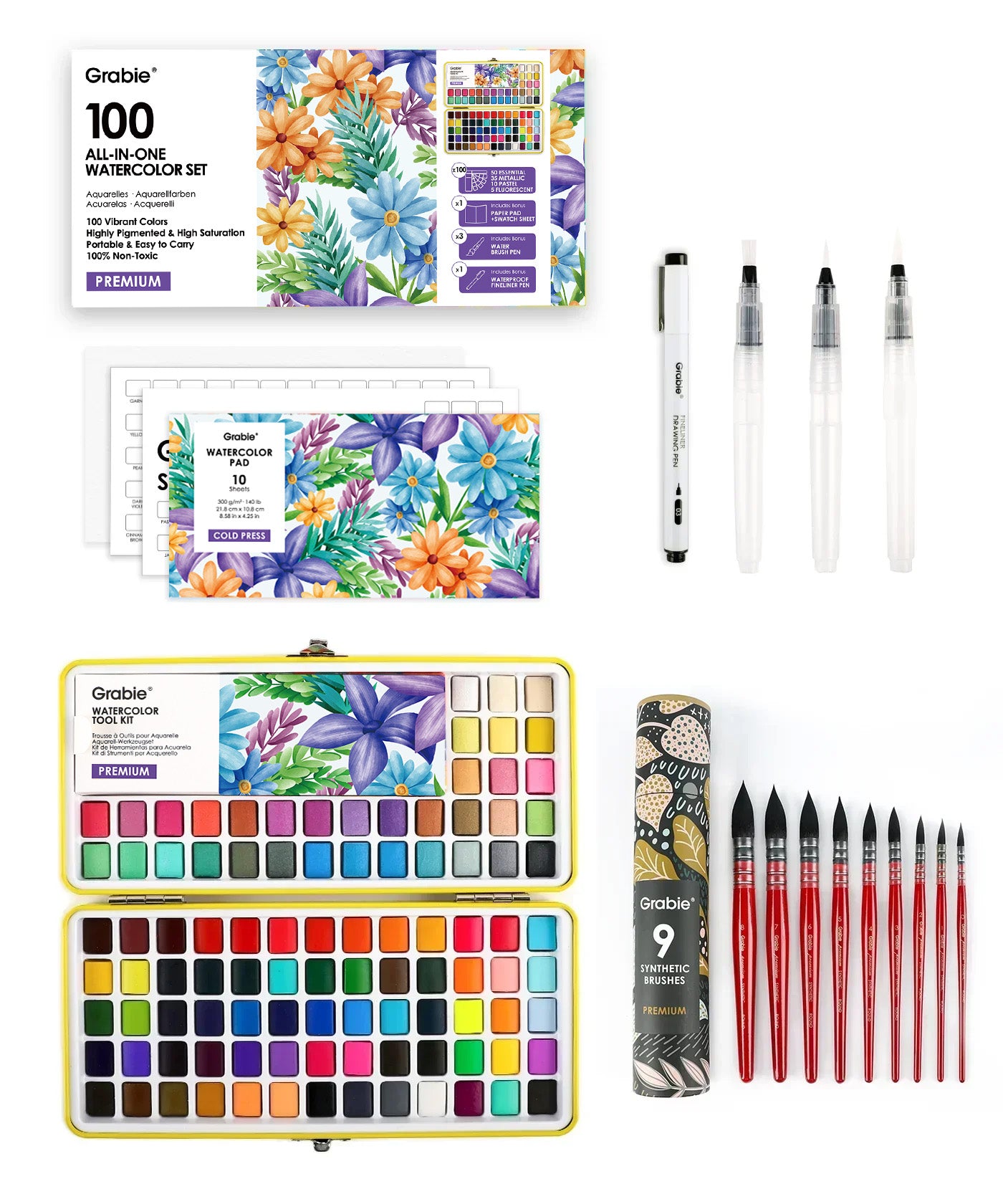 Watercolor Set Of 100 With 9 Pcs Synthetic Quill Paint Brushes