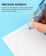 Hand applying adhesive using a Double-Sided Adhesive Dot Runner with a 360-degree rotating tape head on paper