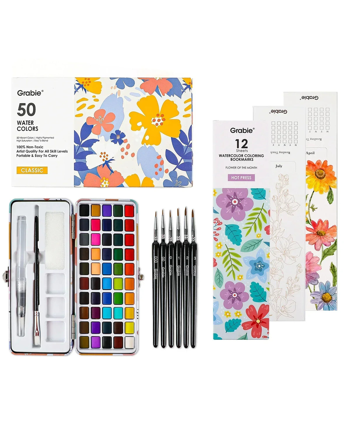 Watercolor Coloring Bookmarks With Watercolor Set including brushes, 50-color palette, and floral coloring bookmarks.