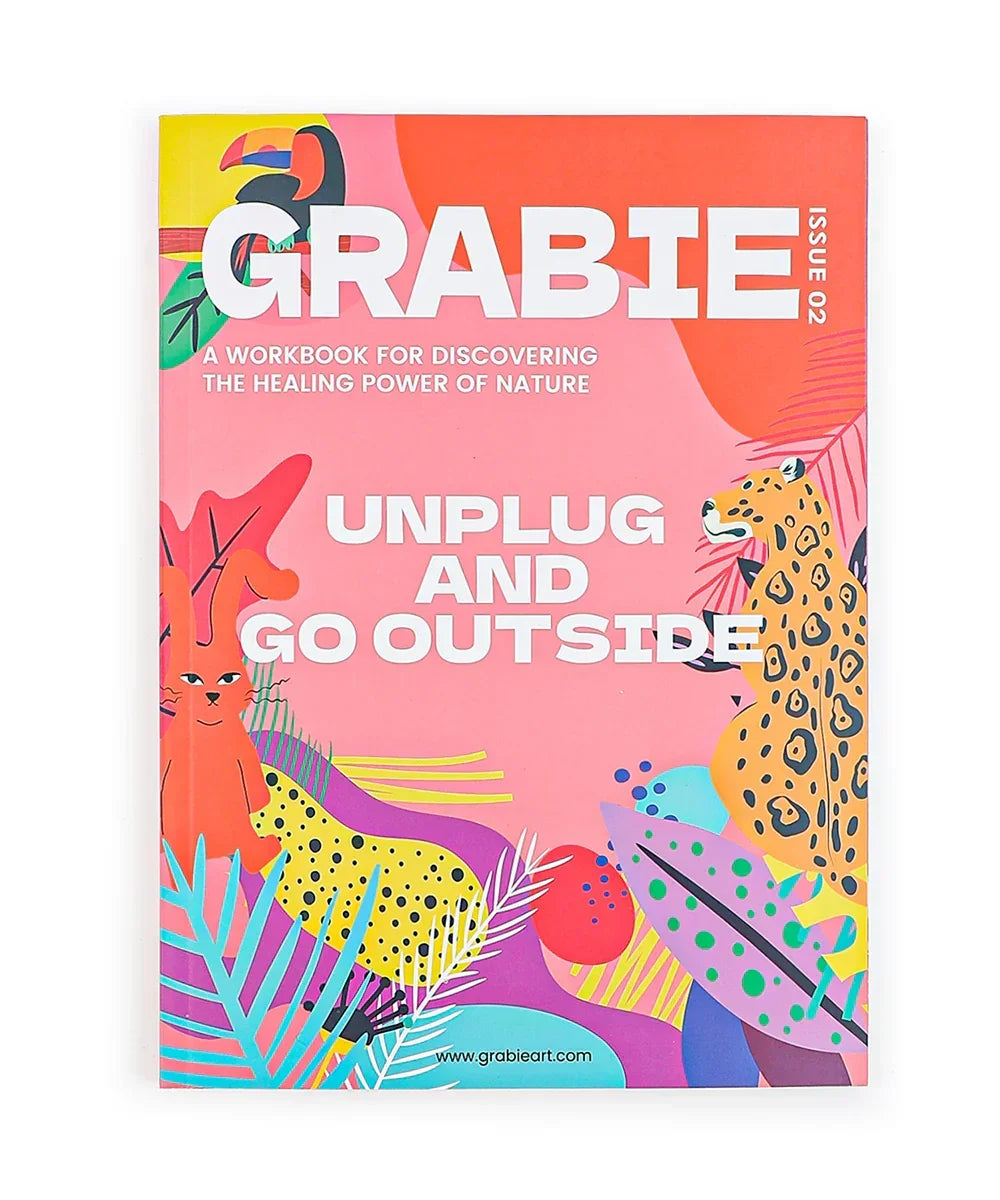 Colorful workbook cover featuring playful jungle animals and foliage titled Unplug And Go Outside 30-day Workbook
