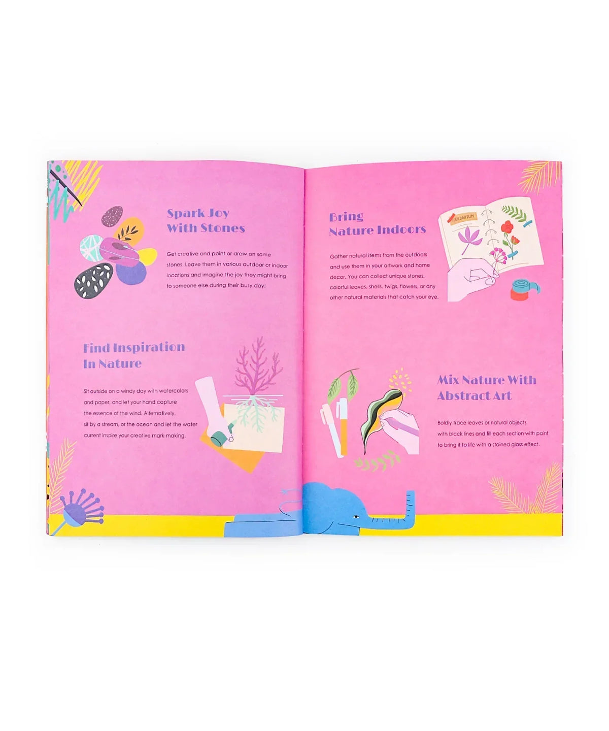 Open spread of Unplug And Go Outside 30-day Workbook with colorful nature-themed illustrations and creative activity prompts