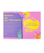 Open spread of Unplug And Go Outside 30-day Workbook showing colorful nature-themed artwork and text on wellness benefits.