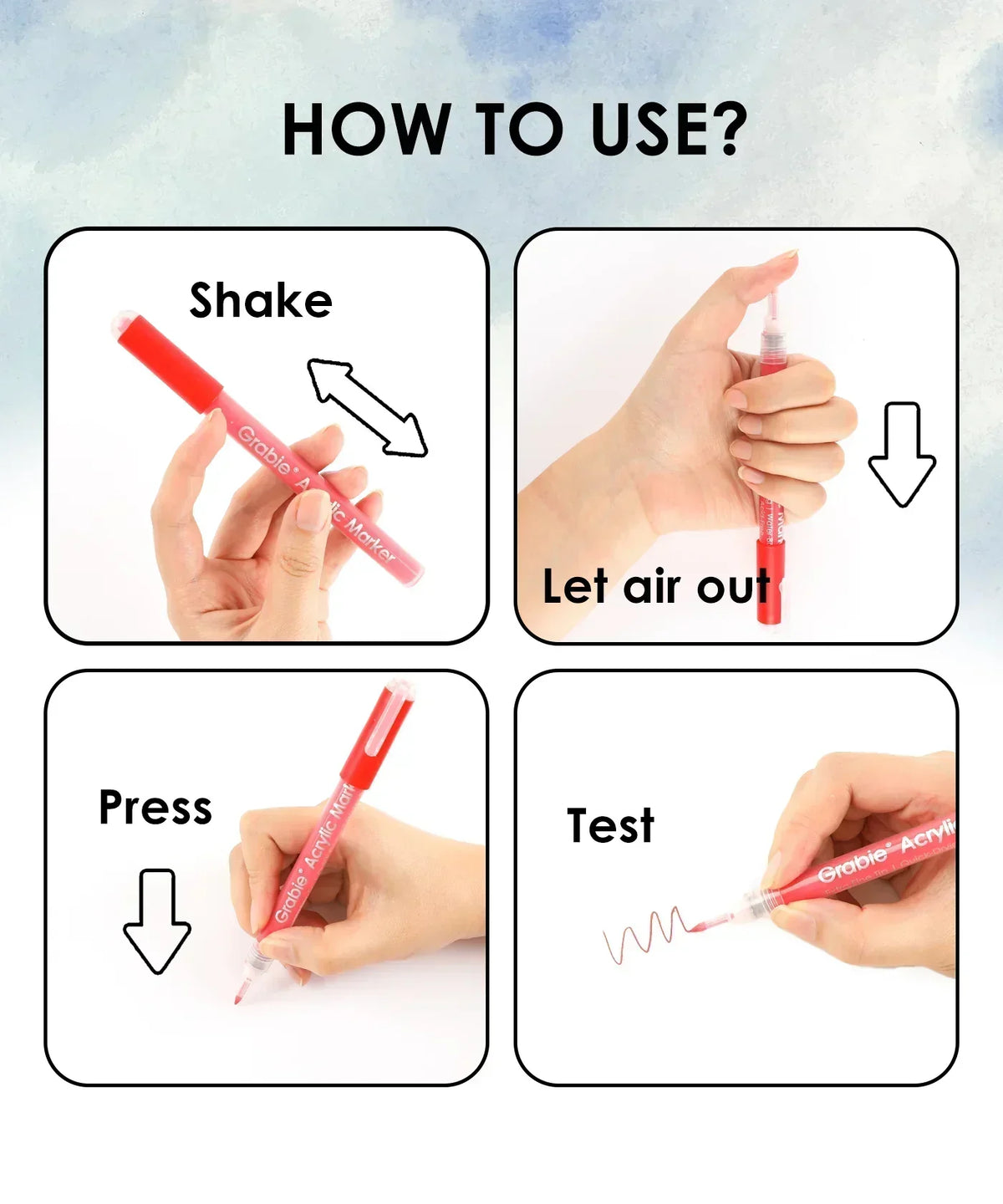 Instructions showing how to use the Extra Fine Tip Acrylic Paint Marker Set of 28 with shaking, pressing, and testing steps.