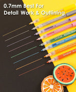 Extra Fine Tip Acrylic Paint Marker Set of 48 showing colorful fine tip lines on black paper for detail work and outlining