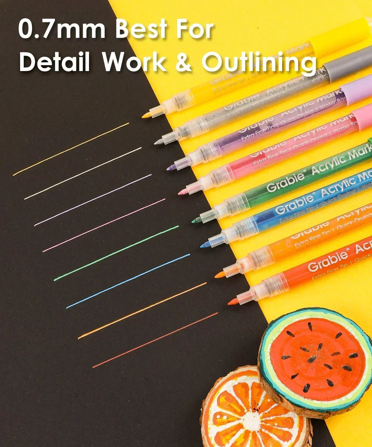 Extra Fine Tip Acrylic Paint Marker Set of 48 showing colorful fine tip lines on black paper for detail work and outlining