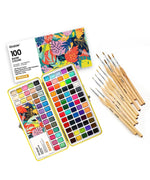 100 Colors + 11 Detail Brushes - Art supplies including watercolor paints, a notebook, and brushes on a white background