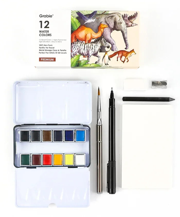 Premium Watercolor 12 Half Pan Deluxe Travel Set with twelve vibrant colors, brush, pen, and sketchpad for artists.
