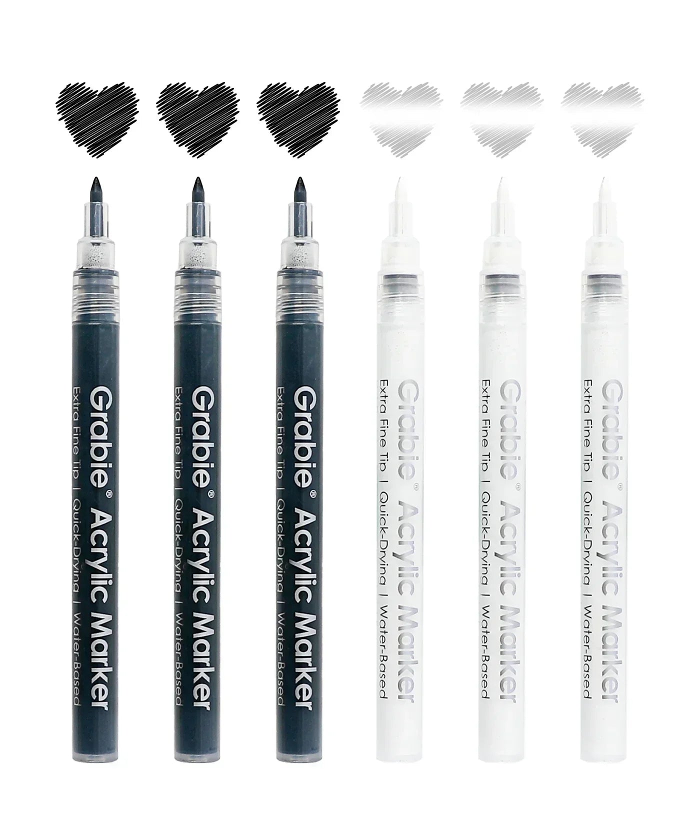 Extra Fine Tip Acrylic Paint Marker Set Of 6 with heart designs and visible black and white marker pens for art supplies