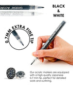 Extra Fine Tip Acrylic Paint Marker Set Of 6 showing black and white markers with 0.7mm tip for detailed art and outlining.