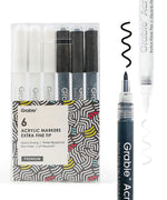 Extra Fine Tip Acrylic Paint Marker Set Of 6 displayed with black and white marker strokes and fine tips visible