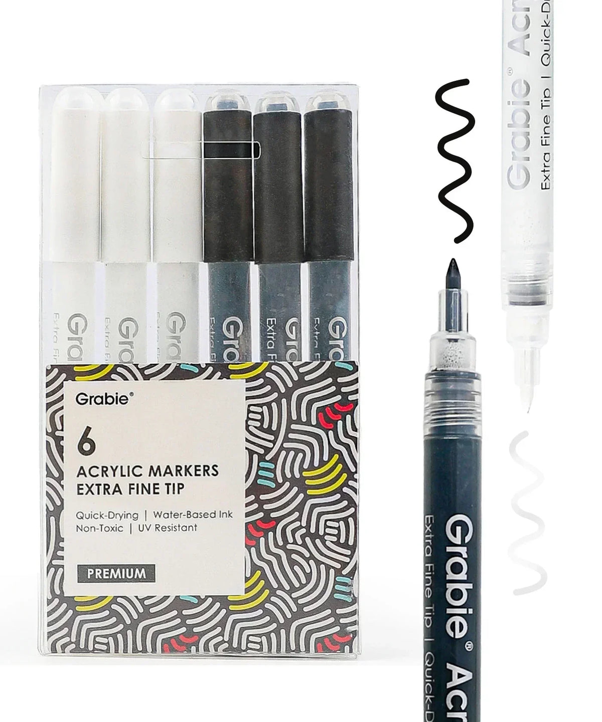 Extra Fine Tip Acrylic Paint Marker Set Of 6 displayed with black and white marker strokes and fine tips visible