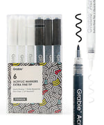 Grabie Acrylic Paint Marker Set with six extra fine tip markers in black and white for detailed art projects