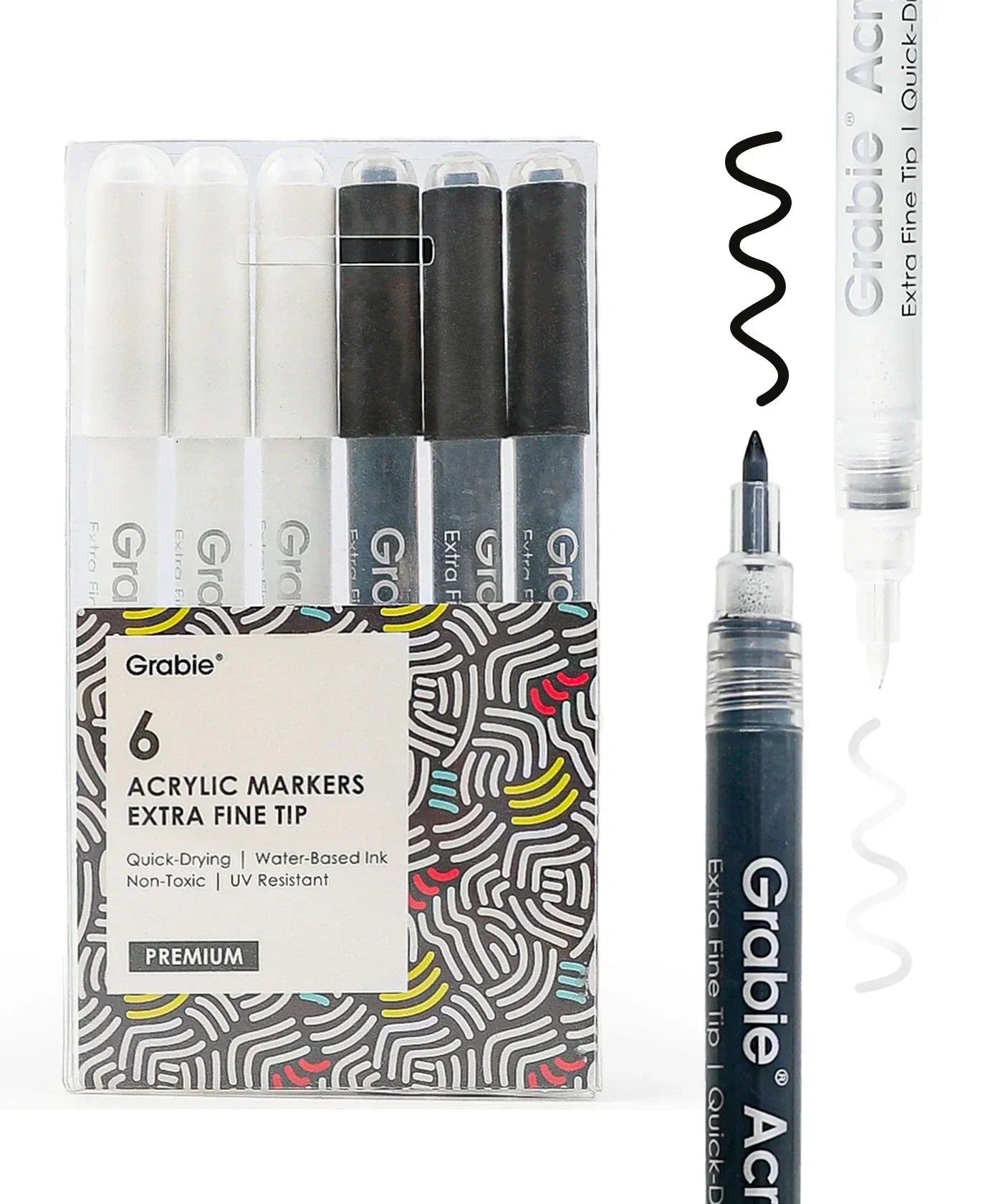 Grabie Acrylic Paint Marker Set with six extra fine tip markers in black and white for detailed art projects