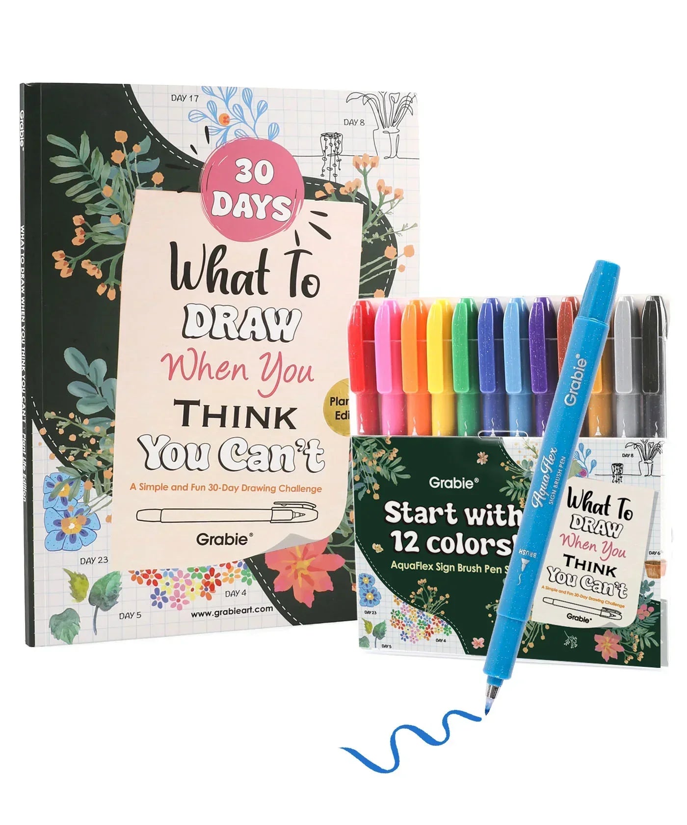 What To Draw: 30-Day Plant Life Edition Drawing Kit with colorful brush pens and illustrated guidebook for creative art supplies.