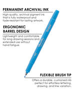 Blue dual-tip pen with permanent archival ink, ergonomic grip, and flexible brush tip for What To Draw: 30-Day Plant Life Edition Drawing Kit.