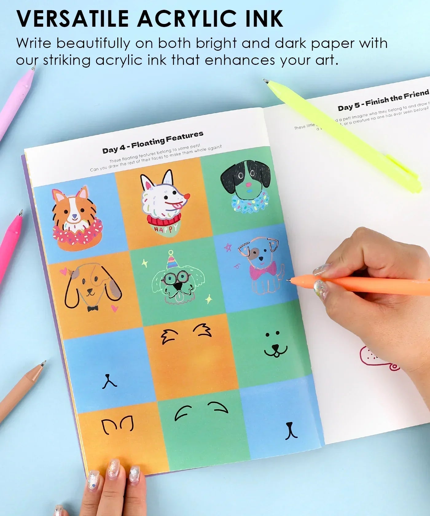 Person drawing colorful pet illustrations with acrylic ink in What To Draw: 30-Day Pet Drawing Kit workbook