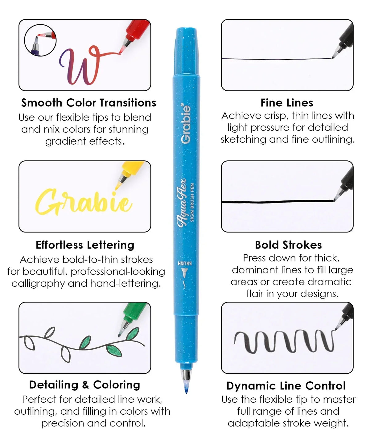 Colorful brush pen with examples of smooth color transitions, fine lines, bold strokes, and dynamic line control for What To Draw: 30-Day Plant Life Edition Drawing Kit