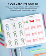 Open "What To Draw: 30-Day Pet Drawing Kit" workbook showing frog and cat drawing tutorials with colorful pens nearby
