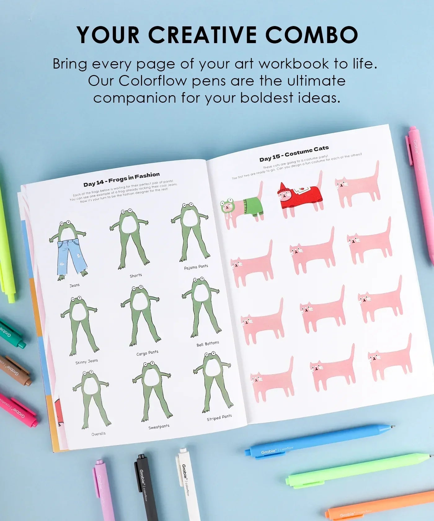 Open "What To Draw: 30-Day Pet Drawing Kit" workbook showing frog and cat drawing tutorials with colorful pens nearby