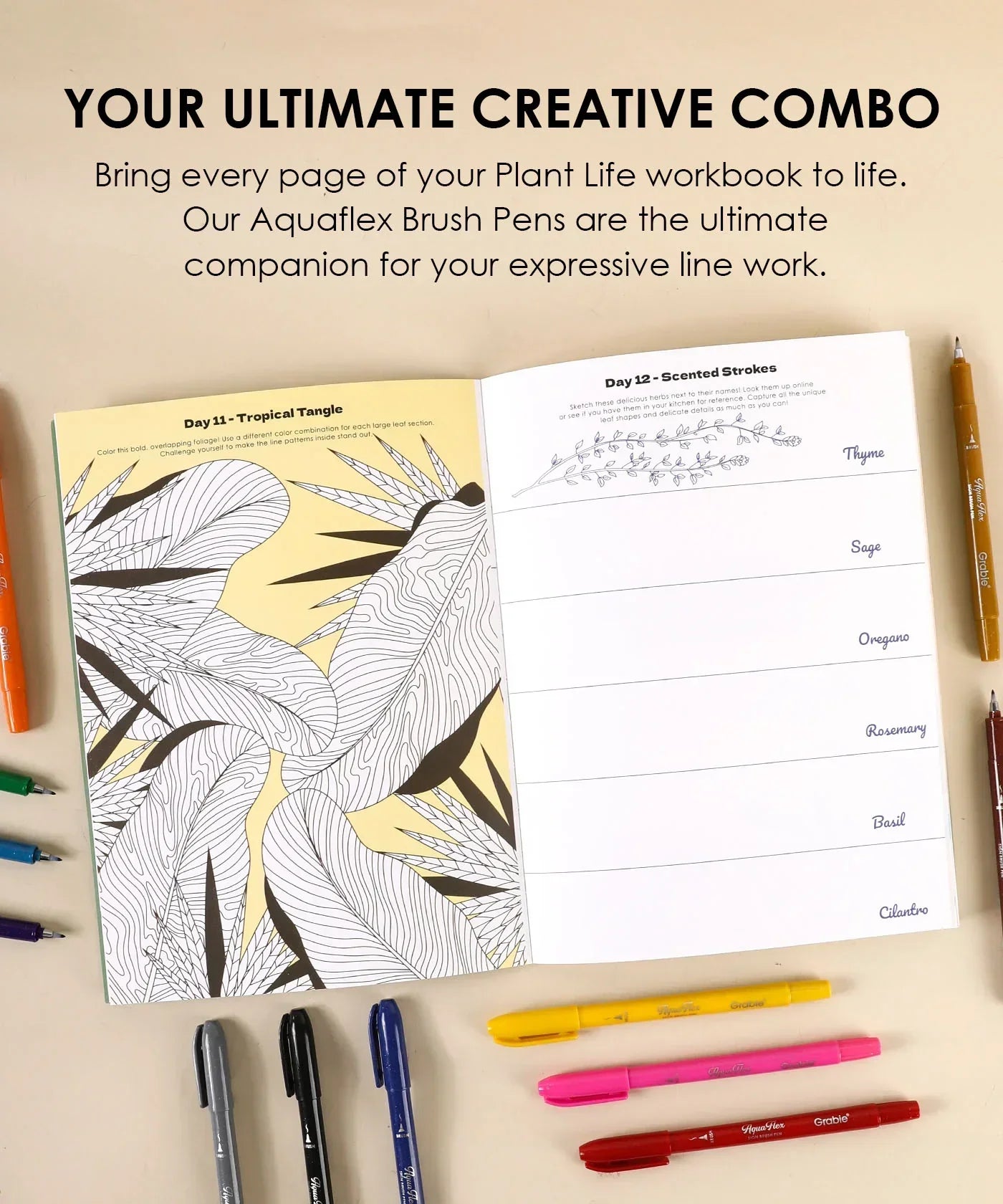 Open creative workbook page from What To Draw: 30-Day Plant Life Edition Drawing Kit with colorful markers and pens nearby
