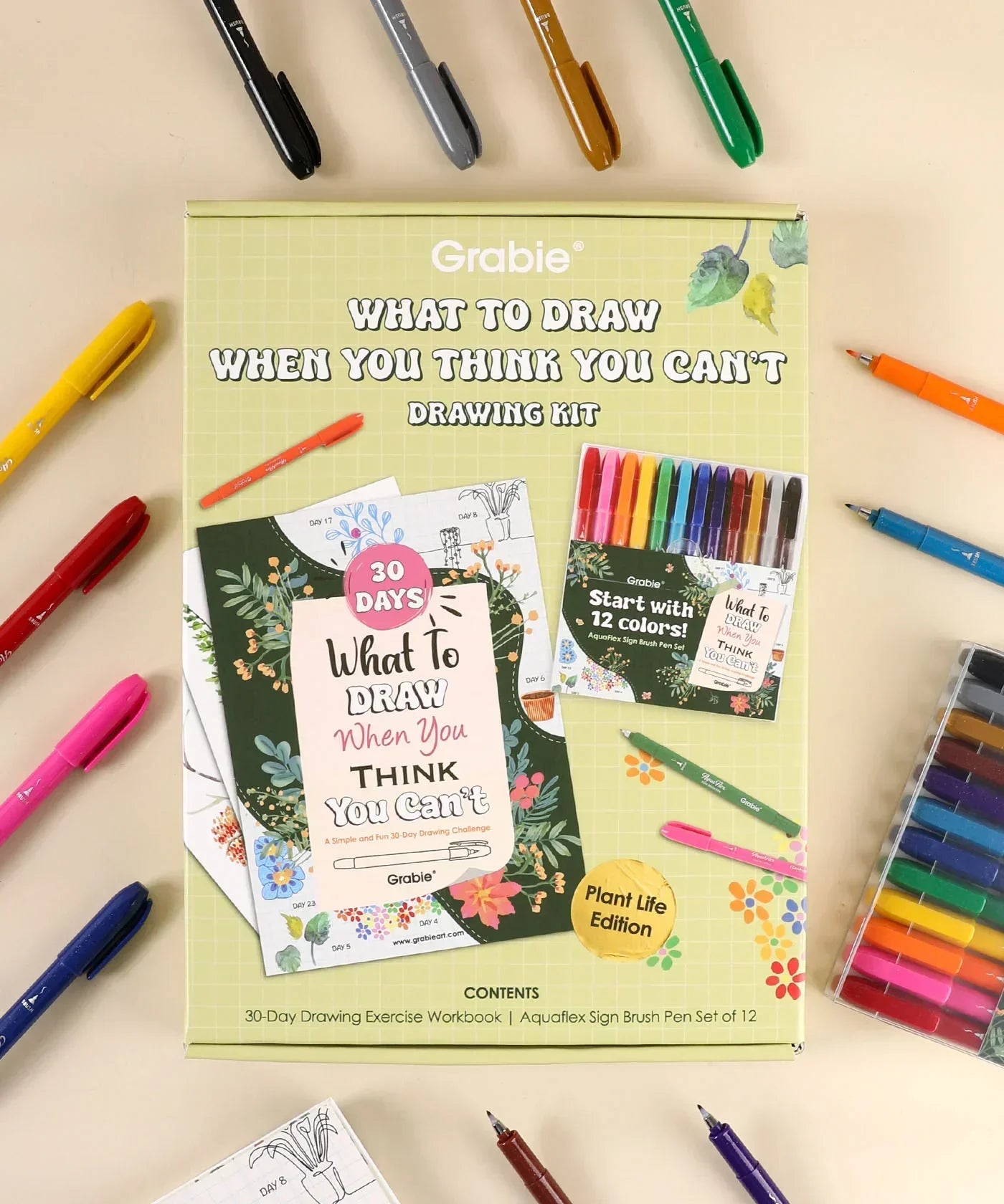 What To Draw: 30-Day Plant Life Edition Drawing Kit with colorful brush pens and drawing workbook on beige background