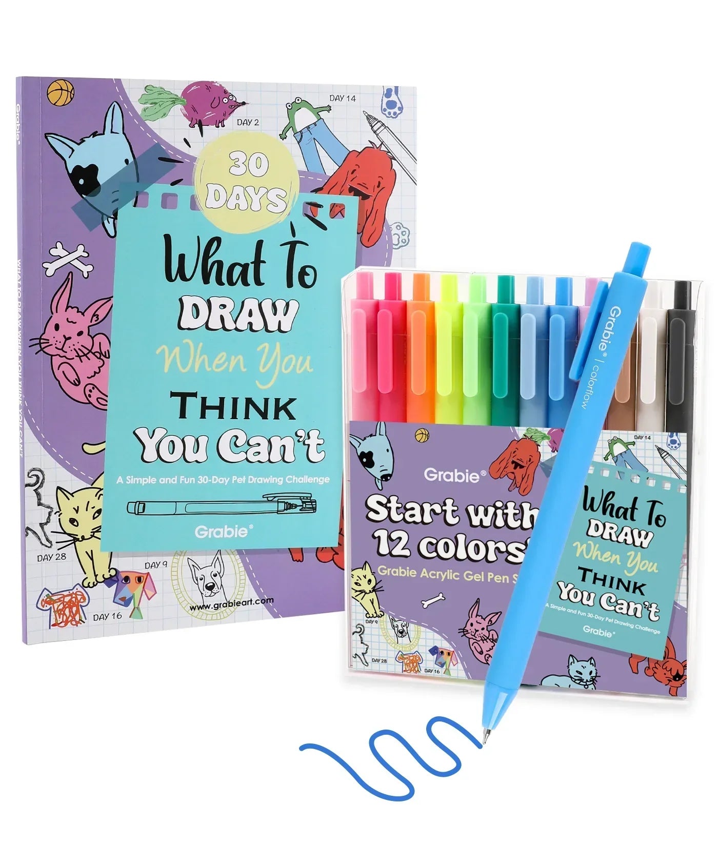 What To Draw: 30-Day Pet Drawing Kit with colorful markers, a blue pen, and a pet-themed drawing guidebook