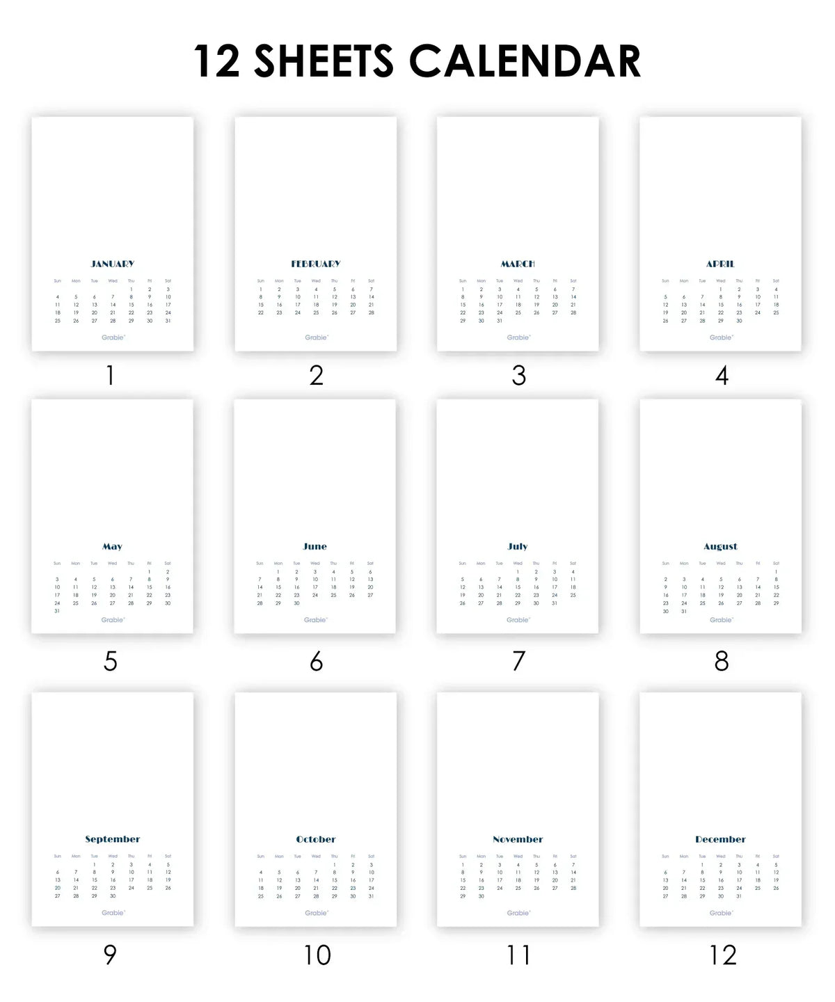 Minimalist 12 sheets calendar layout showing months and dates for the 12-Month Watercolor Calendar Set For 2026