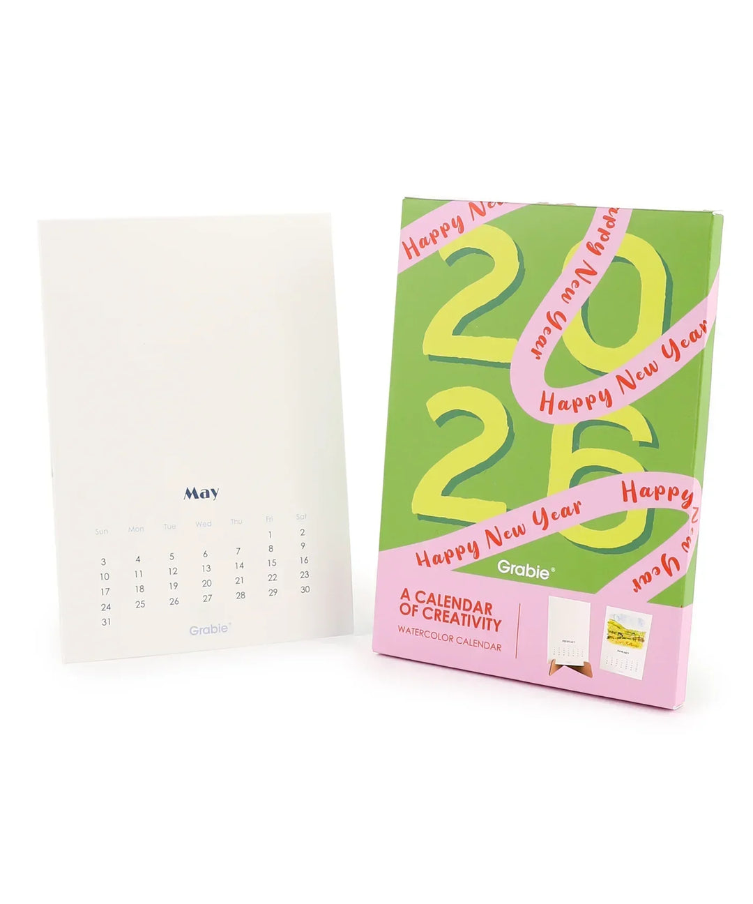 12-Month Watercolor Calendar Set For 2026 with a May page and colorful packaging celebrating the new year