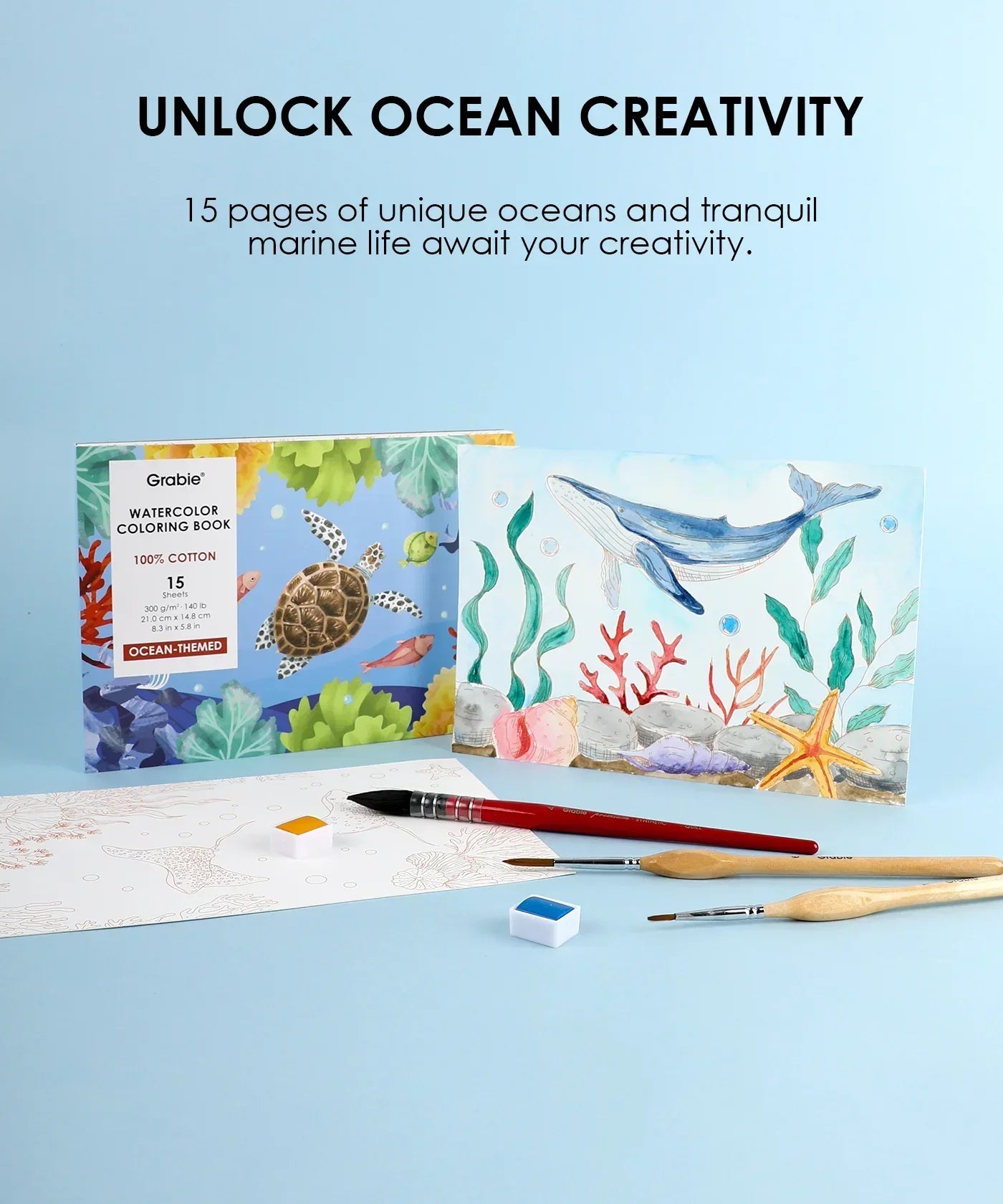 15 Sheets 140LB Ocean-Themed Watercolor Coloring Book with ocean life designs and watercolor paints on a light blue background