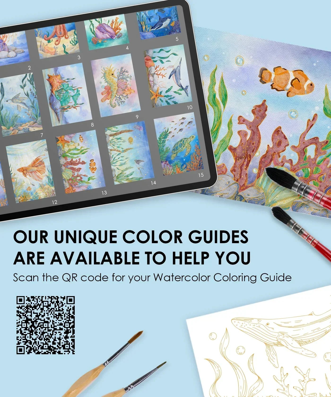 15 Sheets 140LB Ocean-Themed Watercolor Coloring Book with paintbrushes, watercolor art, and a digital color guide on a tablet screen