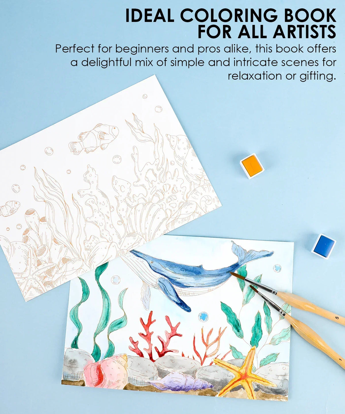 15 Sheets 140LB Ocean-Themed Watercolor Coloring Book showing underwater scene with whale and coral being painted with watercolor supplies