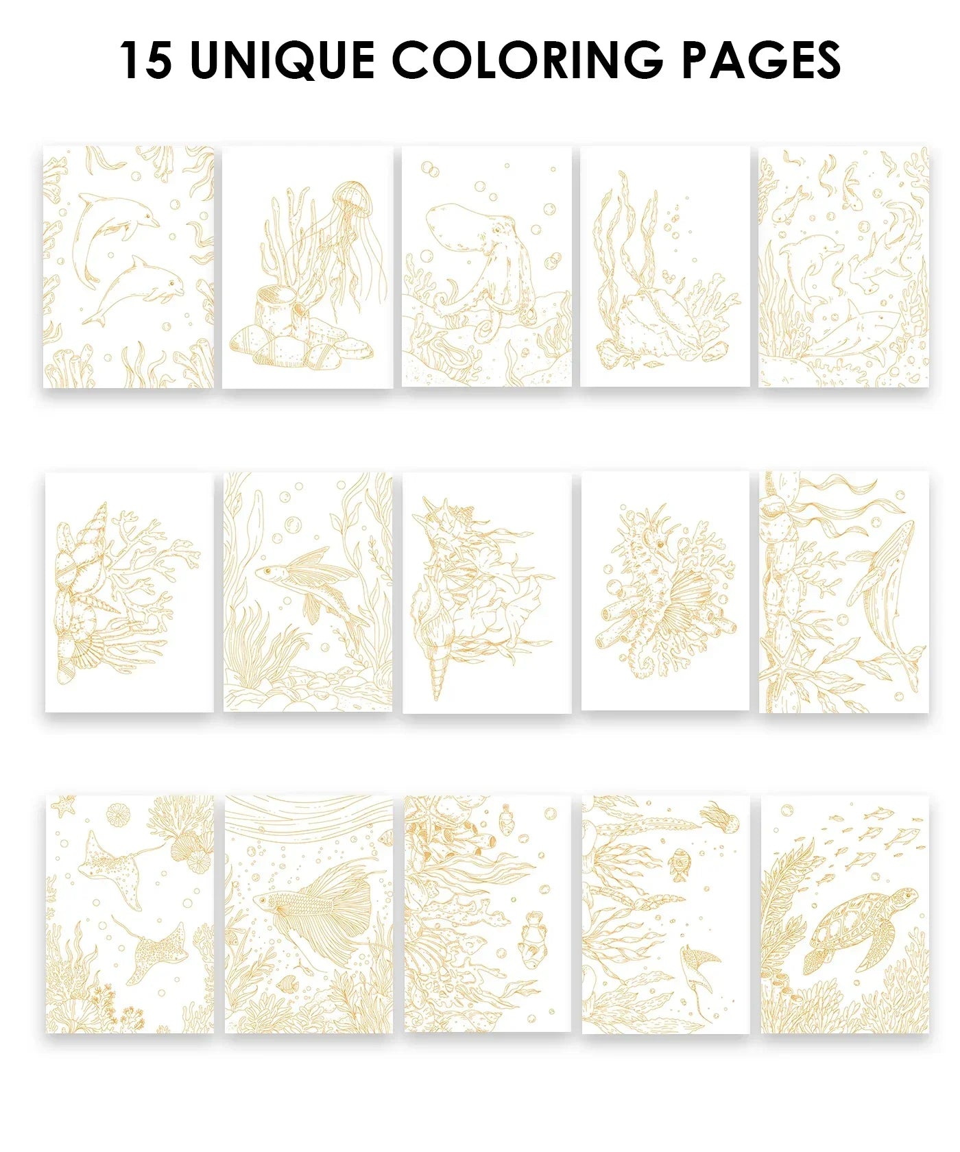 15 Sheets 140LB Ocean-Themed Watercolor Coloring Book showing intricate ocean creatures and underwater scenes on pages