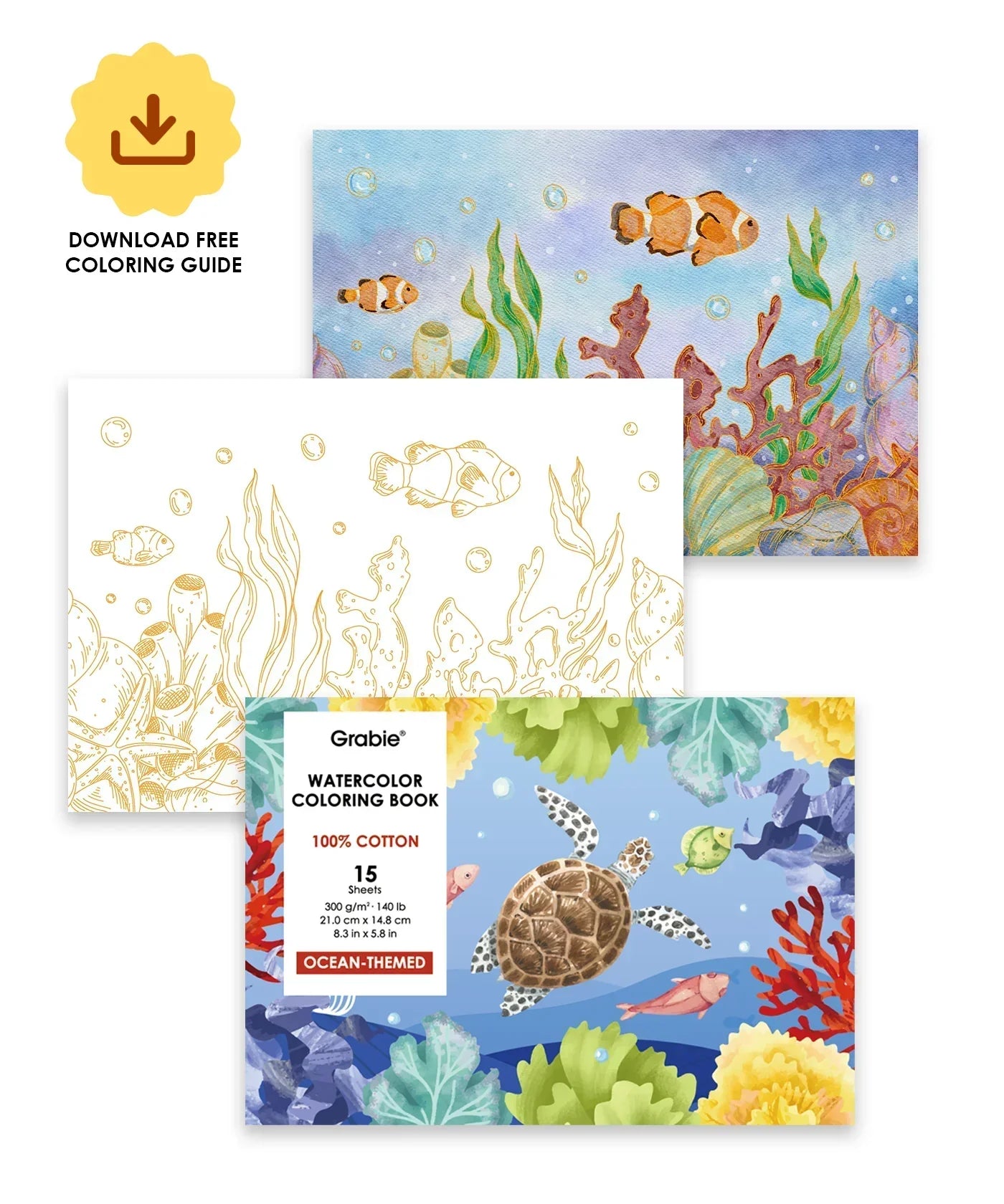 15 Sheets 140LB Ocean-Themed Watercolor Coloring Book featuring sea turtles, clownfish, coral, and underwater plants.