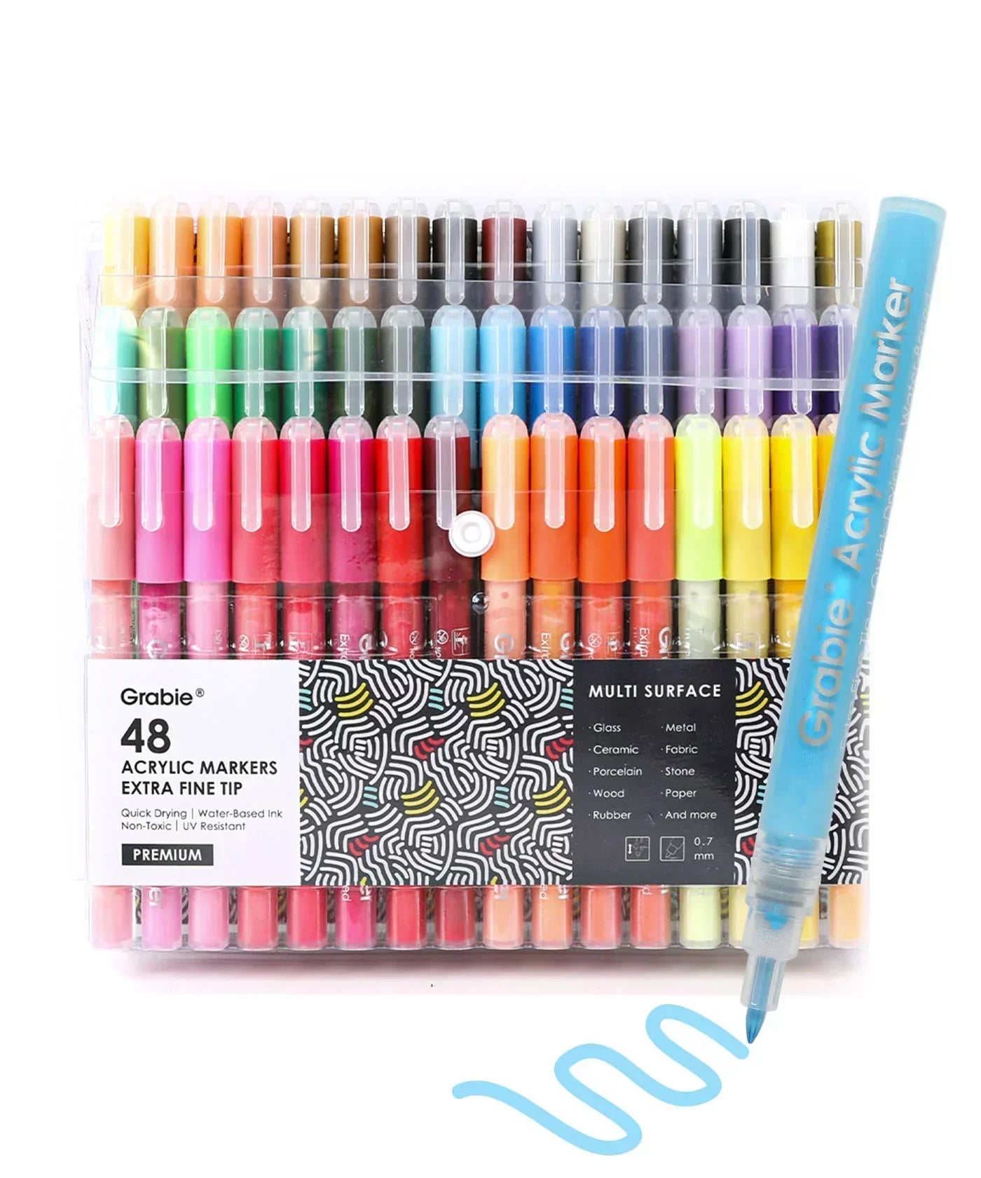 Extra Fine Tip Acrylic Paint Marker Set of 48 with vibrant colors for detailed art projects and multi surface use.