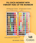 All-In-One Premium Watercolor Set open with 168 vibrant watercolor paint colors in varied shades and finishes