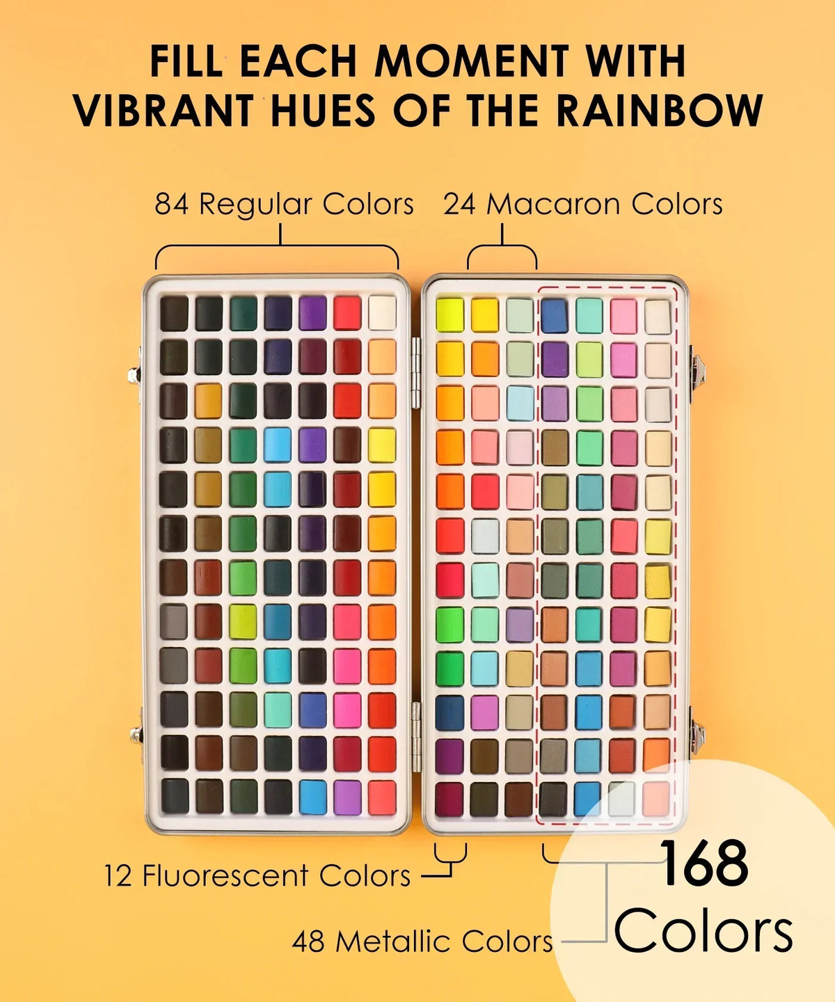 All-In-One Premium Watercolor Set open with 168 vibrant watercolor paint colors in varied shades and finishes