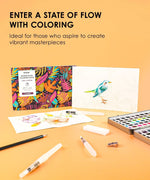 All-In-One Premium Watercolor Set with paints, brushes, pencil, and a vibrant floral coloring book on a peach background