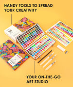 All-In-One Premium Watercolor Set with 168 vibrant colors, brushes, and watercolor tools on a yellow background
