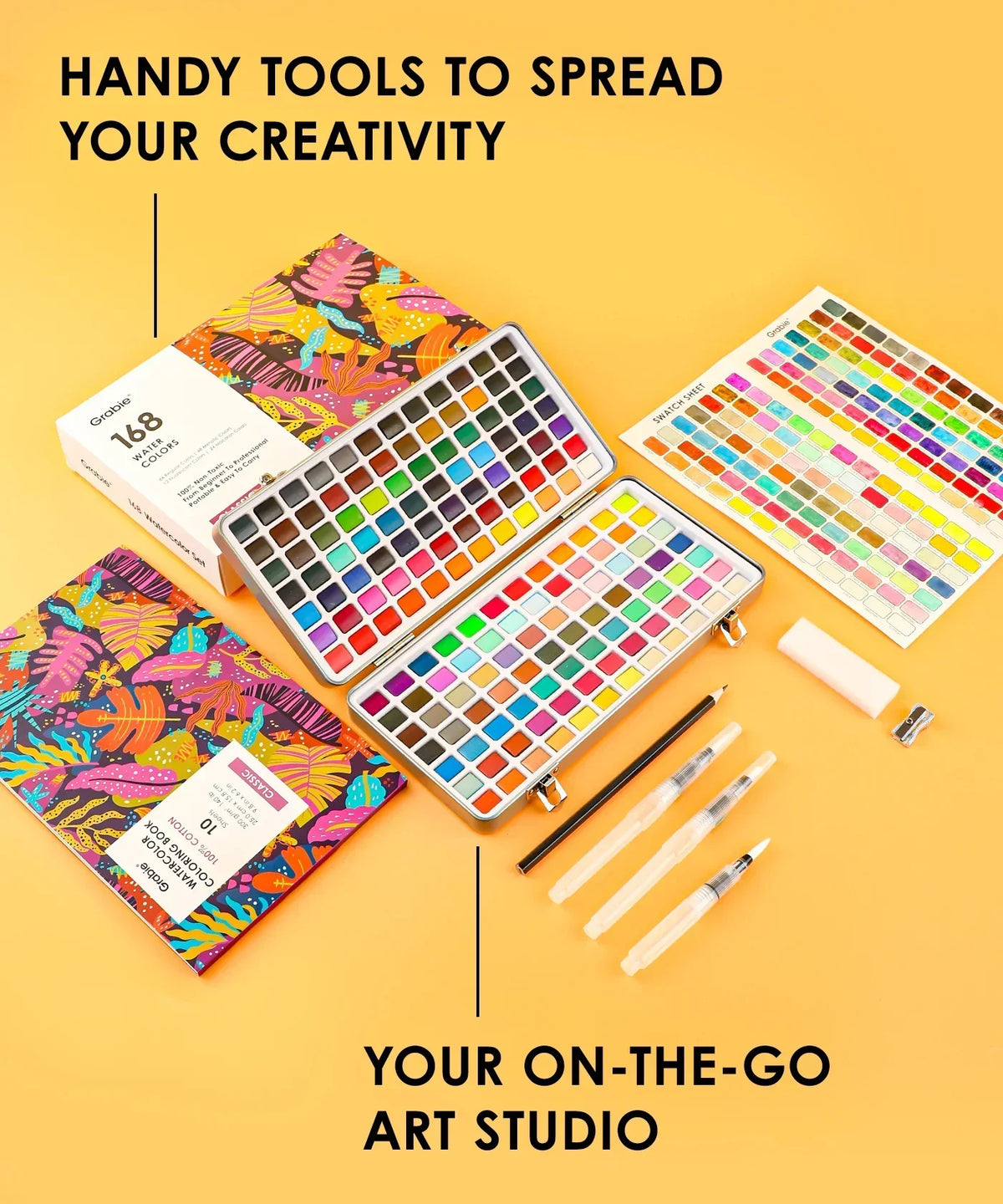 All-In-One Premium Watercolor Set with 168 vibrant colors, brushes, and watercolor tools on a yellow background