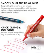 Hand holding a red Iridescent Glitter Acrylic Paint Marker Set pen drawing smooth red lines on white background.