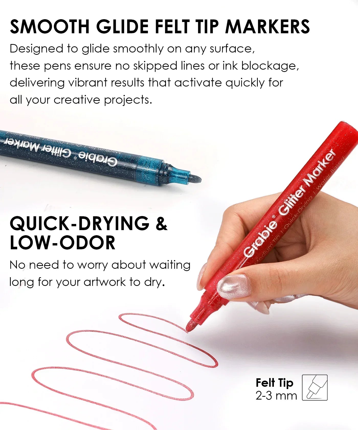 Hand holding a red Iridescent Glitter Acrylic Paint Marker Set pen drawing smooth red lines on white background.