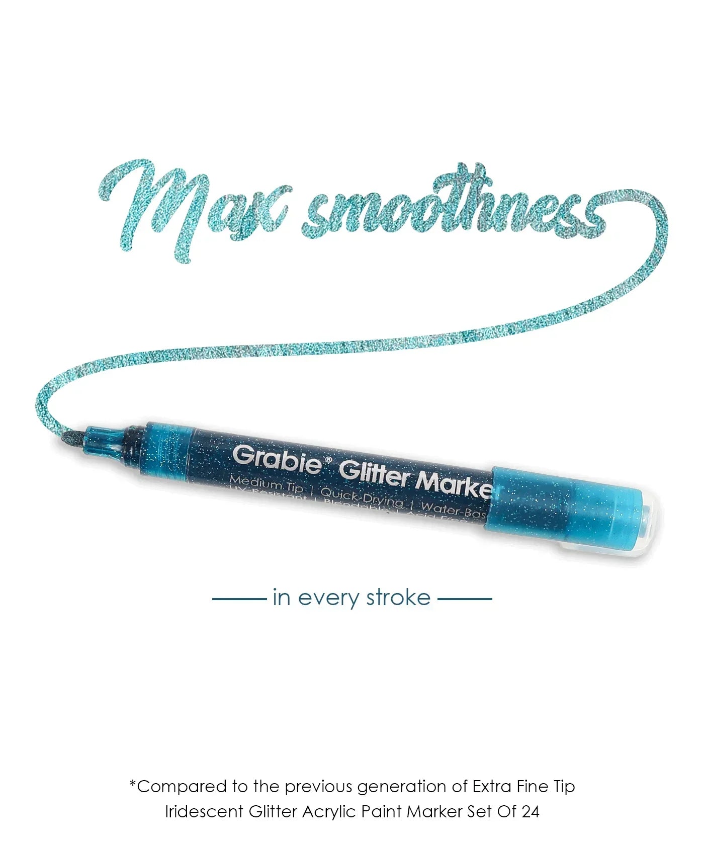 Iridescent Glitter Acrylic Paint Marker Set with medium tip showing smooth glittery blue stroke for art supplies.