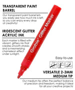 Red Iridescent Glitter Acrylic Paint Marker Set with medium tip, showing transparent paint barrel and glitter ink details.
