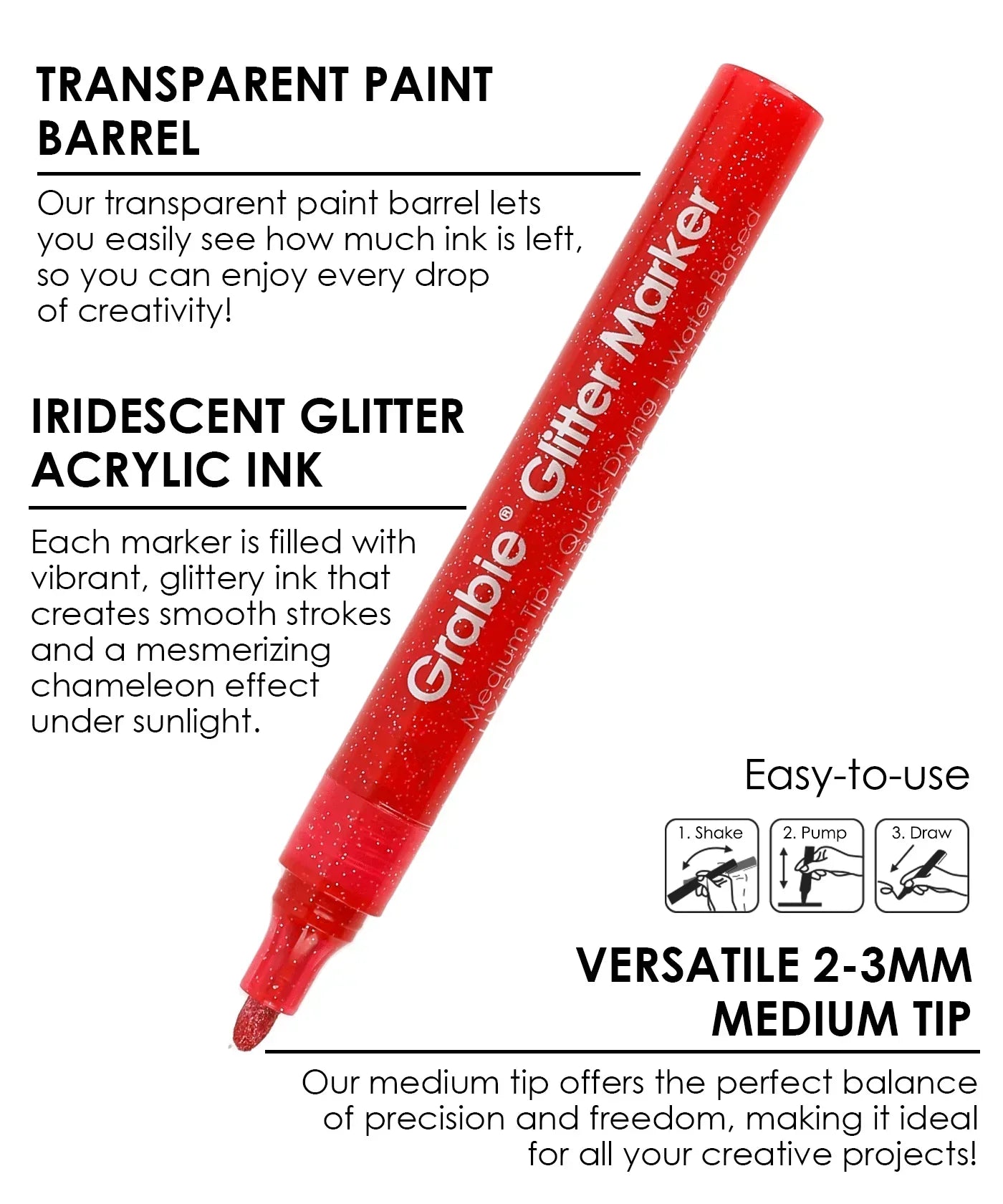 Red Iridescent Glitter Acrylic Paint Marker Set with medium tip, showing transparent paint barrel and glitter ink details.