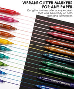 Iridescent Glitter Acrylic Paint Marker Set drawing colorful glitter lines on white and black paper for art supplies
