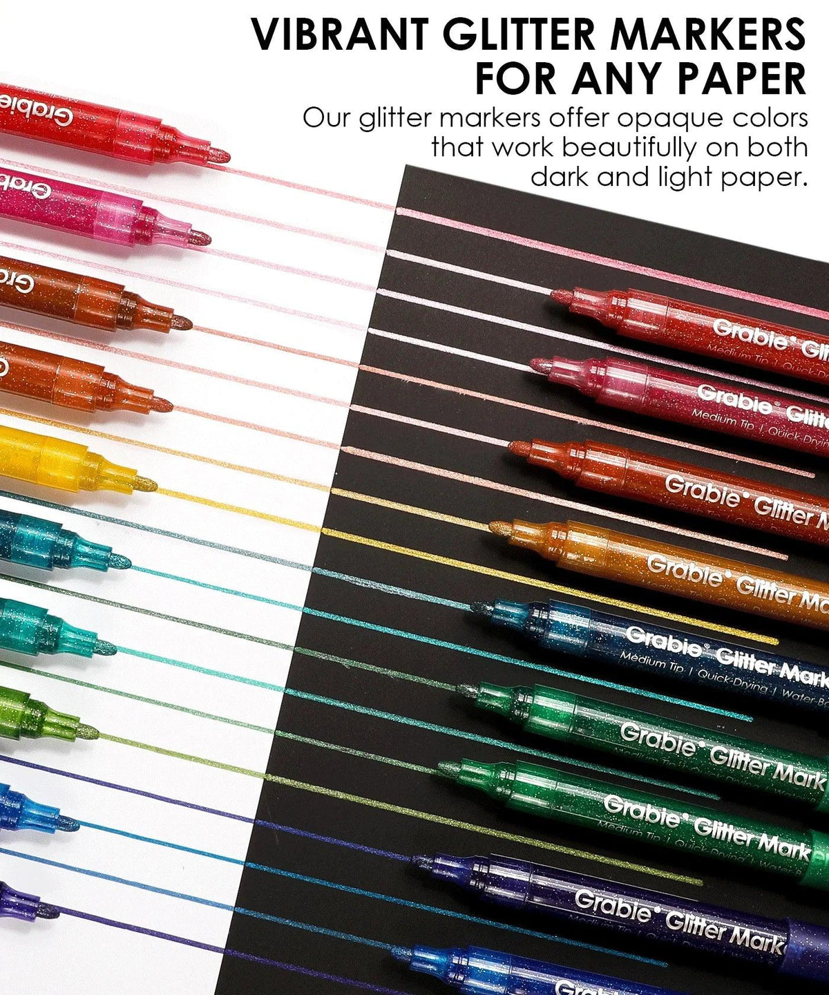Iridescent Glitter Acrylic Paint Marker Set drawing colorful glitter lines on white and black paper for art supplies