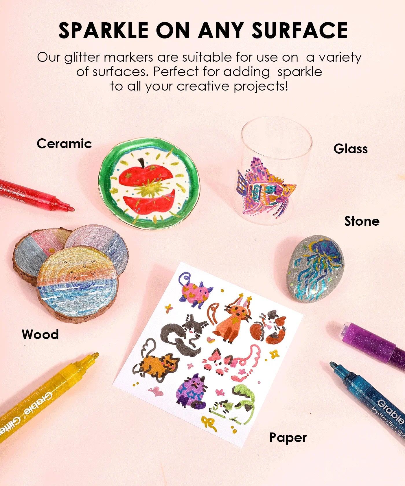 Iridescent Glitter Acrylic Paint Marker Set used to decorate ceramic, glass, stone, wood, and paper art projects