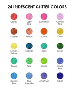 Color chart showing 24 iridescent glitter shades for Iridescent Glitter Acrylic Paint Marker Set including reds, blues, greens, and yellows